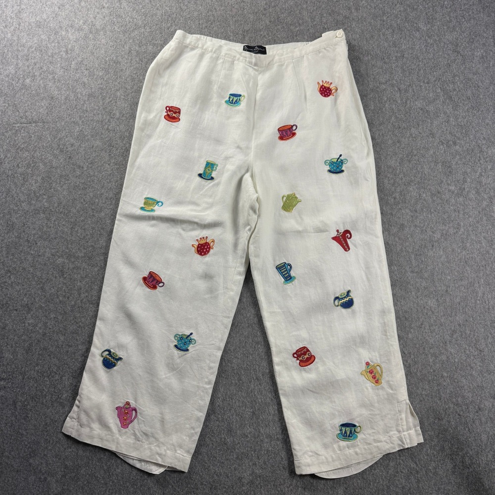 Mercer & Madison Woman 100% Linen Cropped Pants 14W Teapot Teacup Embroidered‎
